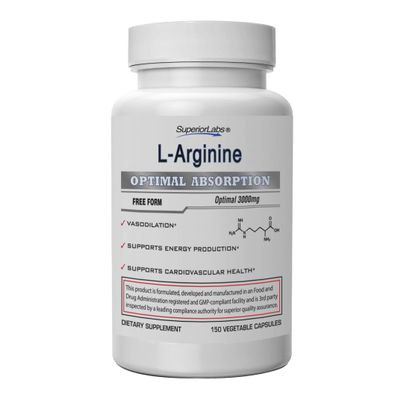 Superior Labs L-Arginine 3000mg, Pure Non-GMO, High-Potency Amino Acid, Nitric Oxide & Vasodilation Booster for Blood Flow, Supports Energy and Endurance, Muscle Pump & Heart Health, 150 Veg Caps