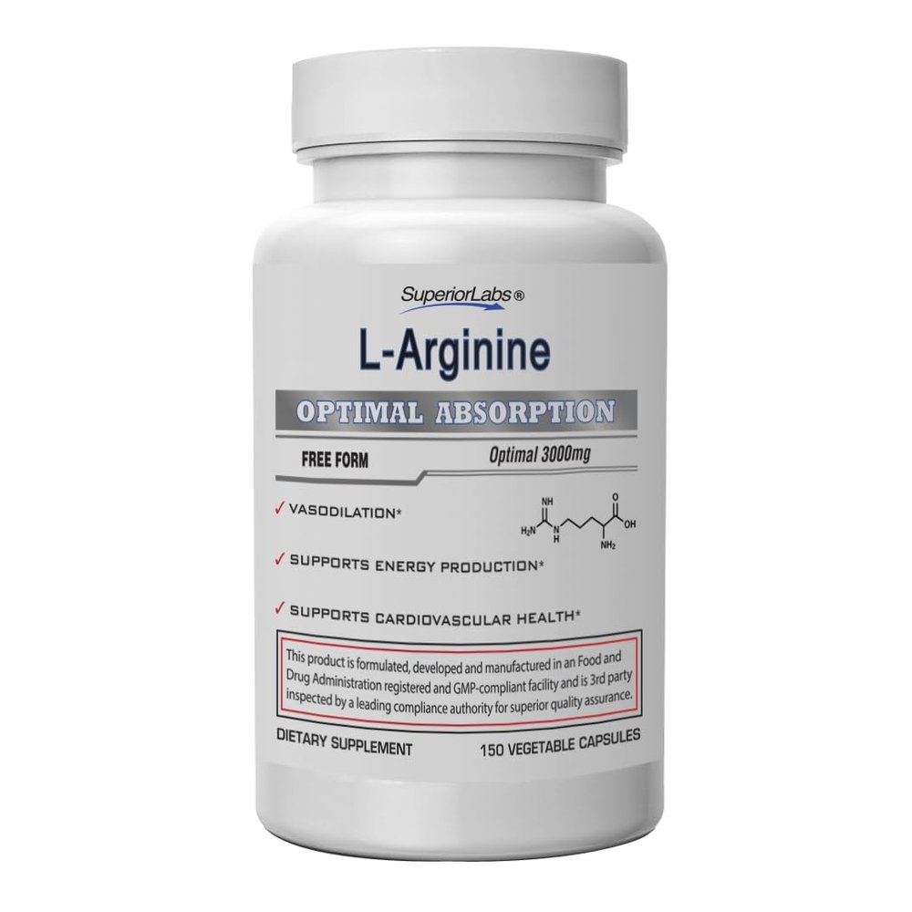 Superior Labs L-Arginine 3000mg, Pure Non-GMO, High-Potency Amino Acid, Nitric Oxide & Vasodilation Booster for Blood Flow, Supports Energy and Endurance, Muscle Pump & Heart Health, 150 Veg Caps