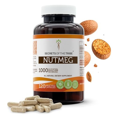 Secrets of the Tribe Nutmeg 120 Capsules, 1000 mg, Nutmeg (Rou Dou Kou, Myristica Fragrans) Dried Nut (120 Capsules)