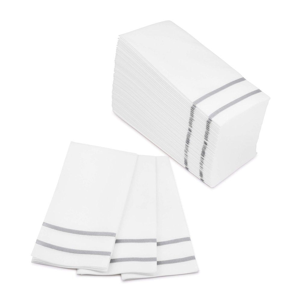 Fete Disposable Hand Towels for Bathroom, Silver Design 100 Linen-Feel Guest Towels  Formal Dinner, Anniversary, and Wedding Napkins for Tables, Guestrooms, and Restrooms - 8.5x 4-Inches Folded,