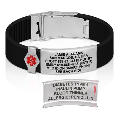 Divoti Custom Engraved Medical Alert ID Bracelet  Dual-Sided Laser Etching, Silicone Wristband, Stainless Steel Security Clasp  Adjustable & Trim-to-Fit  Emergency Medical Info Band - PRO TB SS RE