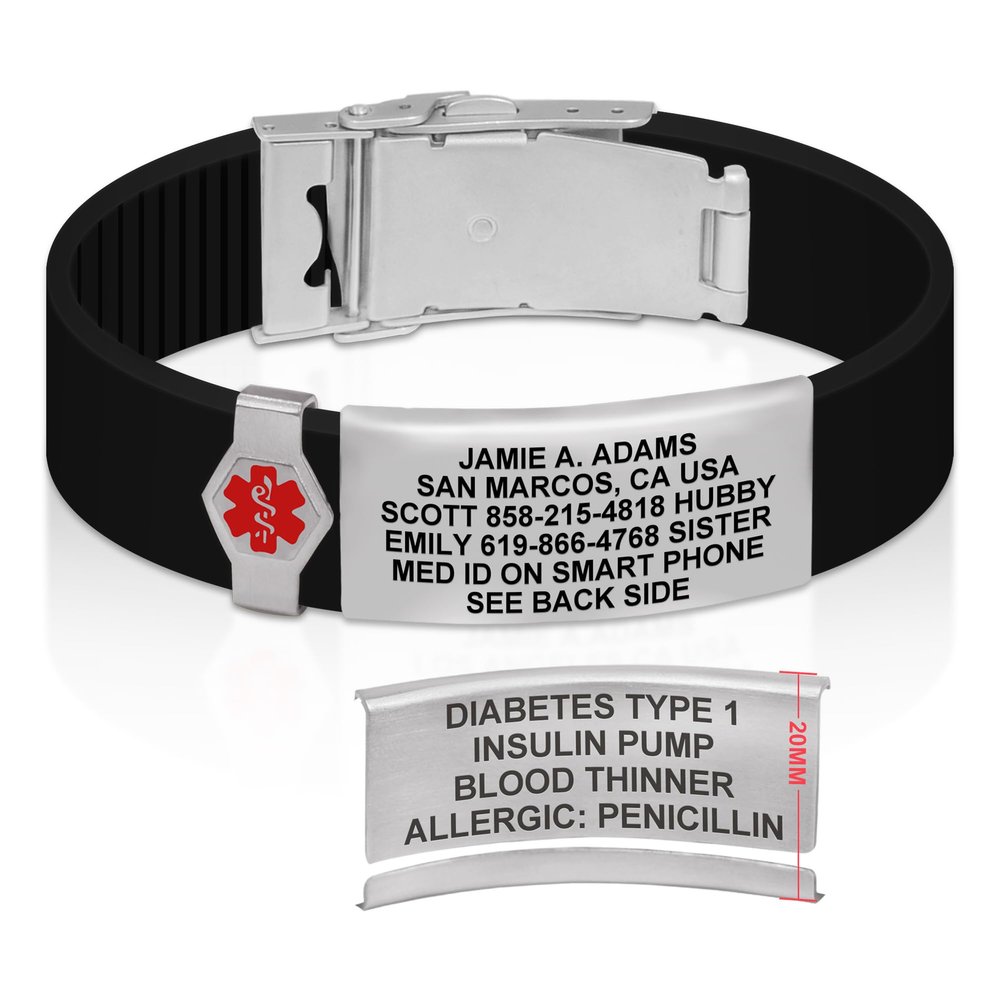 Divoti Custom Engraved Medical Alert ID Bracelet  Dual-Sided Laser Etching, Silicone Wristband, Stainless Steel Security Clasp  Adjustable & Trim-to-Fit  Emergency Medical Info Band - PRO TB SS RE