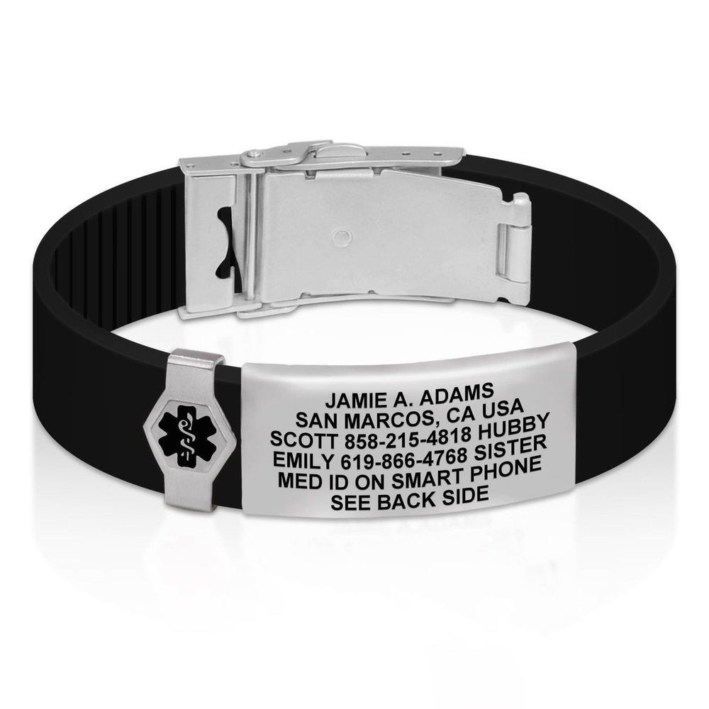 Divoti Custom Engraved Medical Alert ID Bracelet  Dual-Sided Laser Etching, Silicone Wristband, Stainless Steel Security Clasp  Adjustable & Trim-to-Fit  Emergency Medical Info Band - PRO TB SS BL