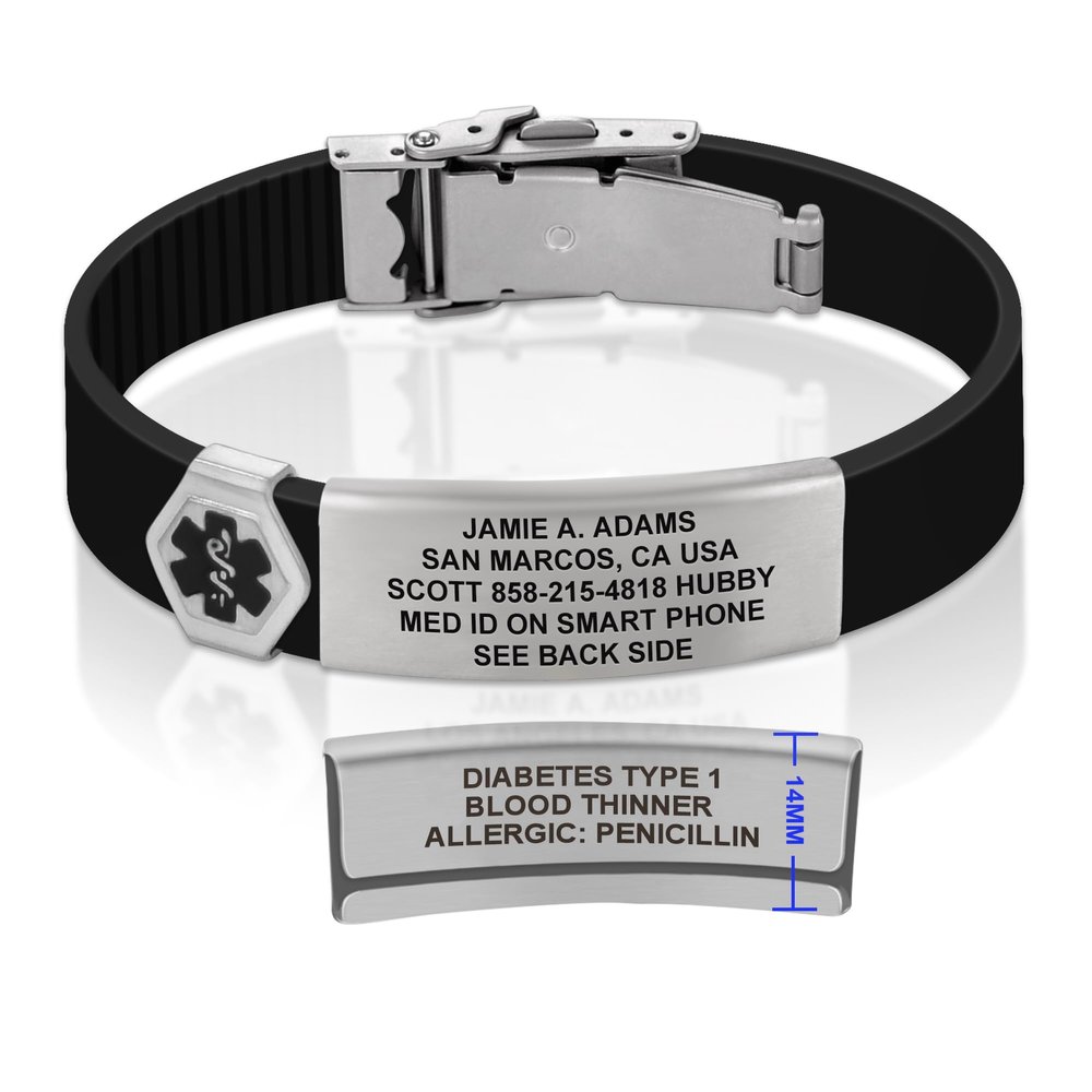 Divoti Custom Engraved Medical Alert ID Bracelet  Dual-Sided Laser Etching, Silicone Wristband, Stainless Steel Security Clasp  Adjustable & Trim-to-Fit  Emergency Medical Info Band - UL TB SS BL