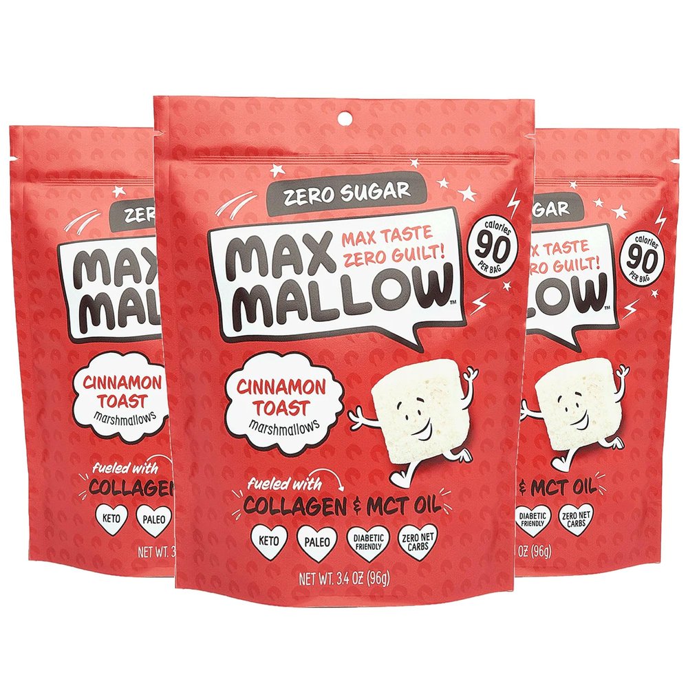 Max Mallow Sugar Free Marshmallows - Keto Friendly, Perfect for S'mores, Hot Chocolate, and Baking with Zero Sugar Snacks, Smores Mct Oil Zero Sugar Marshmellow Marshmallow Cinnamon Toast, 3 Pack