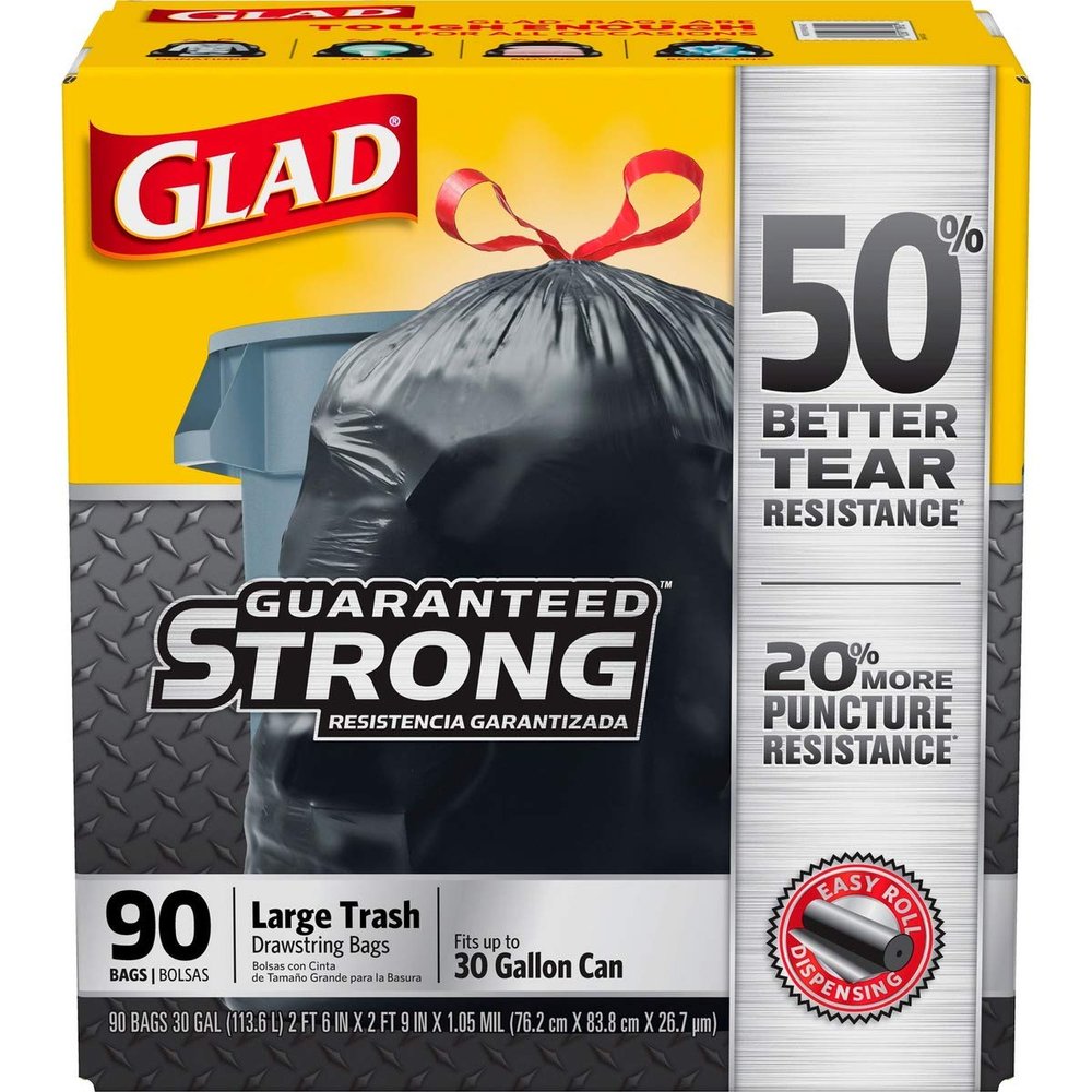 GLAD Drawstring Large Trash Bags, 30 X 33, 30gal, 1.05mil, Black, 90/carton (6)