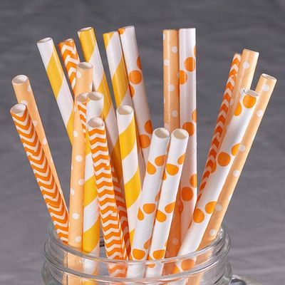 Magik 100~200 Bulk Packed Paper Straws Assorted Various Vivid Pattern Color Eco-friendly & Disposable Drinkware (Orange Assorted Patterns, 200)