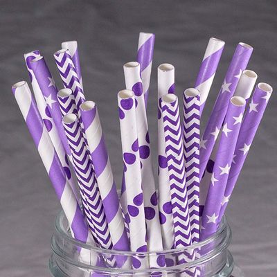 Magik 100~200 Bulk Packed Paper Straws Assorted Various Vivid Pattern Color Eco-friendly & Disposable Drinkware (Purple Assorted Patterns, 200)