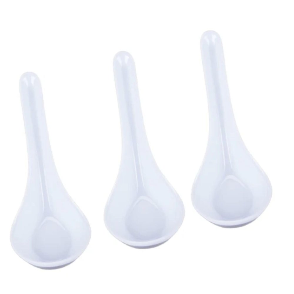 [100 PACK] Disposable Dining Asian Soup Spoons - White Plastic Chinese Soup Spoons for Ramen, Pho, Clear, Appetizer, 4.5 x 1.2 Inches by EcoQuality
