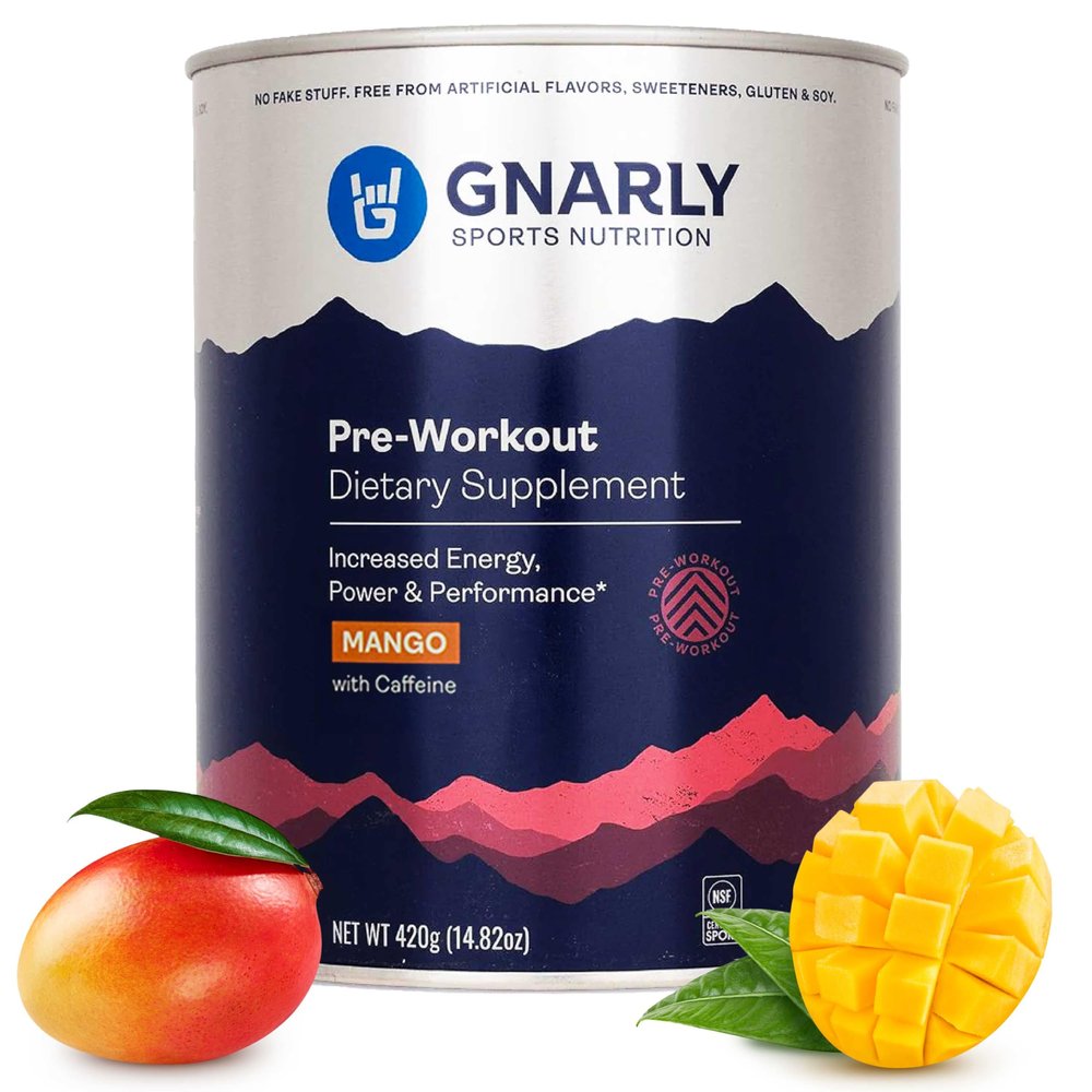 Gnarly Nutrition Natural Pre-Workout Powder, Mango NSF Contents Certified, Endurance & Recovery Vegan Pre-Workout, Sports Nutrition Mango with Caffeine, 14.82 oz