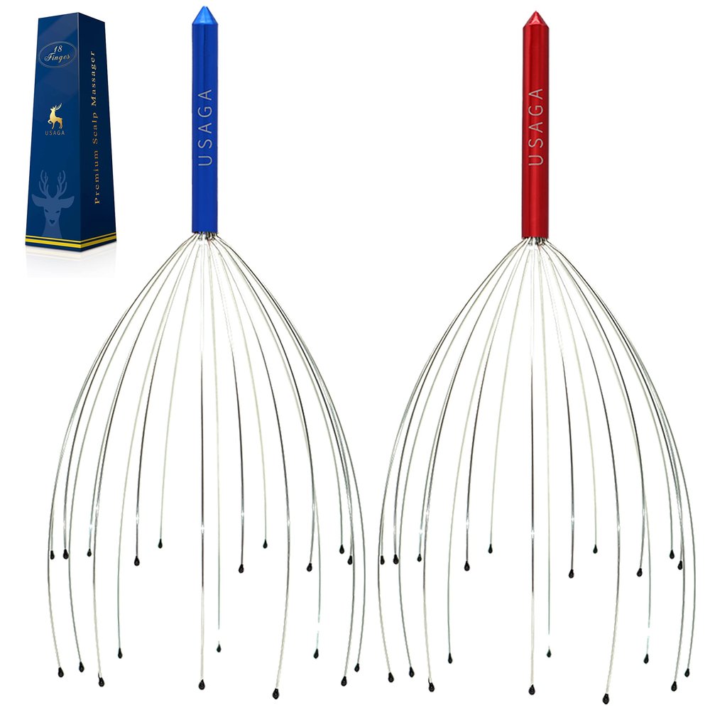 USAGA Head Massager Scalp Massager 20 Fingers Head Scratcher, Stocking Stuffers Gift for Scalp Body Relaxing (Red & Blue)