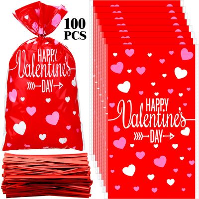 Boao 100 Pieces Happy Valentine's Day Cellophane Bags Heart Shaped Red Treat Bags Candy Gift Bag Goodie Bag with Twist Ties for Valentines Wedding Cookie Snack Packing Party Favors Supplies