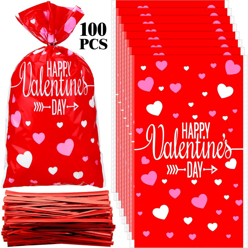 Boao 100 Pieces Happy Valentine's Day Cellophane Bags Heart Shaped Red Treat Bags Candy Gift Bag Goodie Bag with Twist Ties for Valentines Wedding Cookie Snack Packing Party Favors Supplies