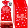 Boao 100 Pieces Happy Valentine's Day Cellophane Bags Heart Shaped Red Treat Bags Candy Gift Bag Goodie Bag with Twist Ties for Valentines Wedding Cookie Snack Packing Party Favors Supplies view 1