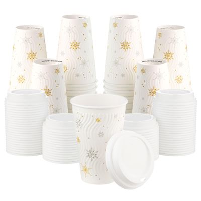 [400 SET]Harvest Pack 16 oz Christmas Coffee Cups with Lids, White Snowflake Winter Disposable Paper Hot Cups, Insulated Ripple Wall Cups, XMAS Gold and Silver Foil, Hot Chocolate To go