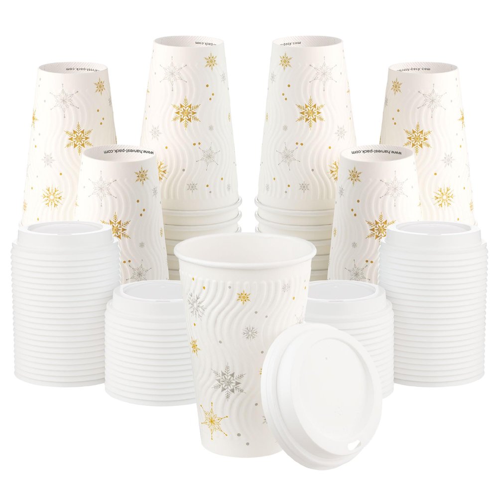 [400 SET]Harvest Pack 16 oz Christmas Coffee Cups with Lids, White Snowflake Winter Disposable Paper Hot Cups, Insulated Ripple Wall Cups, XMAS Gold and Silver Foil, Hot Chocolate To go