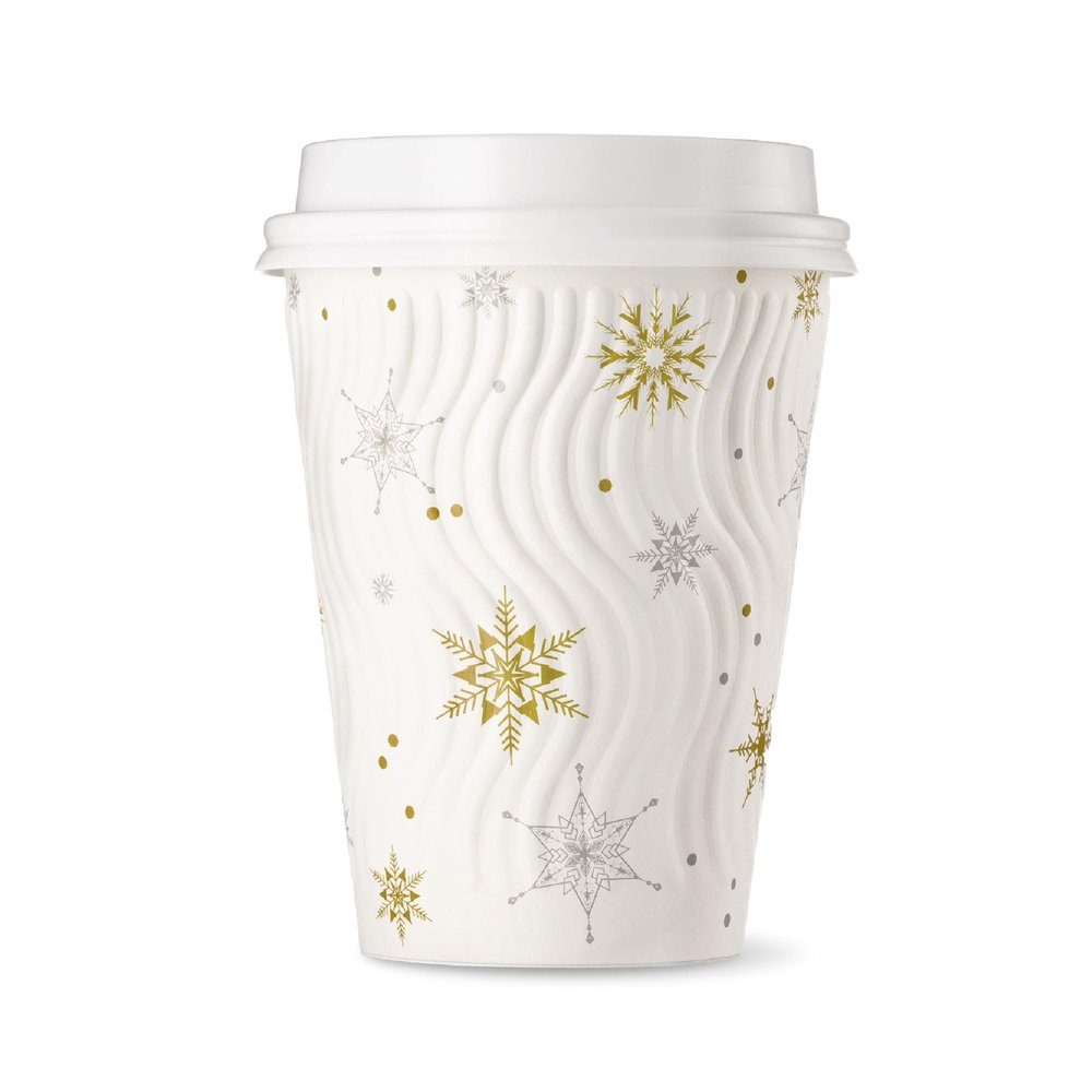 [100 SET]Harvest Pack 12 oz Christmas Coffee Cups with Lids, White Snowflake Winter Disposable Paper Cups, Insulated Ripple Wall Hot Cups, XMAS Gold and Silver Foil, Hot Chocolate To go