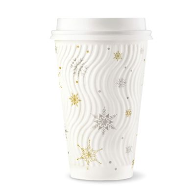 [100 SET]Harvest Pack 16 oz Christmas Coffee Cups, White Snowflake Winter Disposable Paper Cups, Insulated Ripple Wall Paper Cups with Lids, XMAS Gold and Silver Foil, Hot Chocolate To go