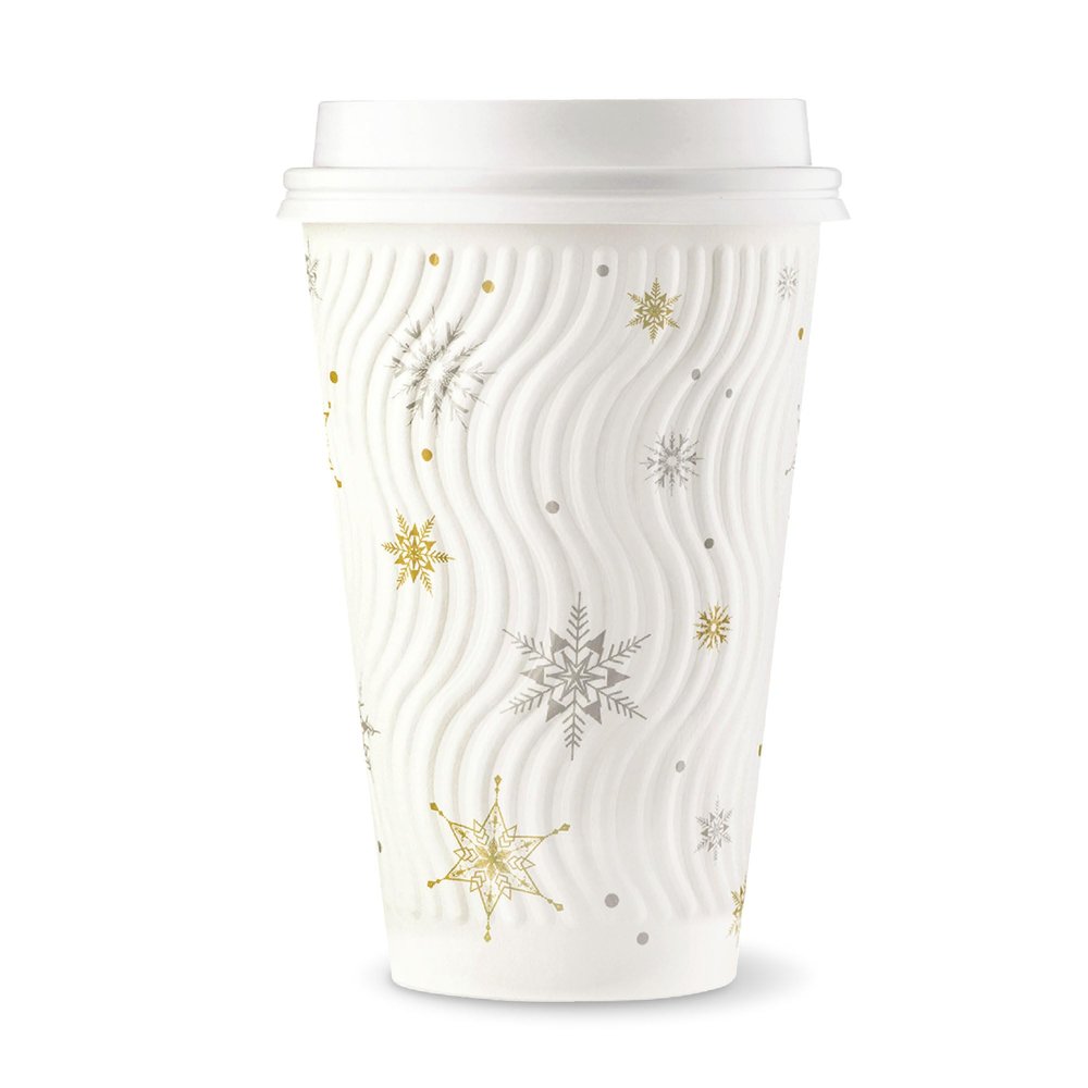 [100 SET]Harvest Pack 16 oz Christmas Coffee Cups, White Snowflake Winter Disposable Paper Cups, Insulated Ripple Wall Paper Cups with Lids, XMAS Gold and Silver Foil, Hot Chocolate To go