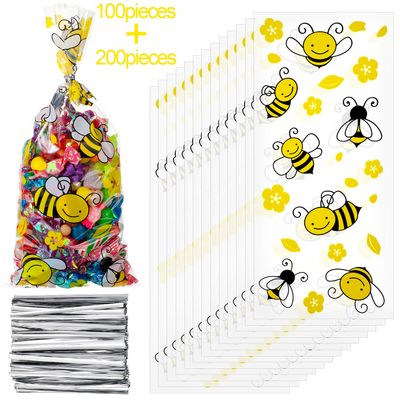 100 Pieces Honey Bee Cellophane Plastic Candy Bags Bee Party Bags Treat with 200 Pieces Twist Ties Gift for What Will it Be Gender Reveal Party Supplies