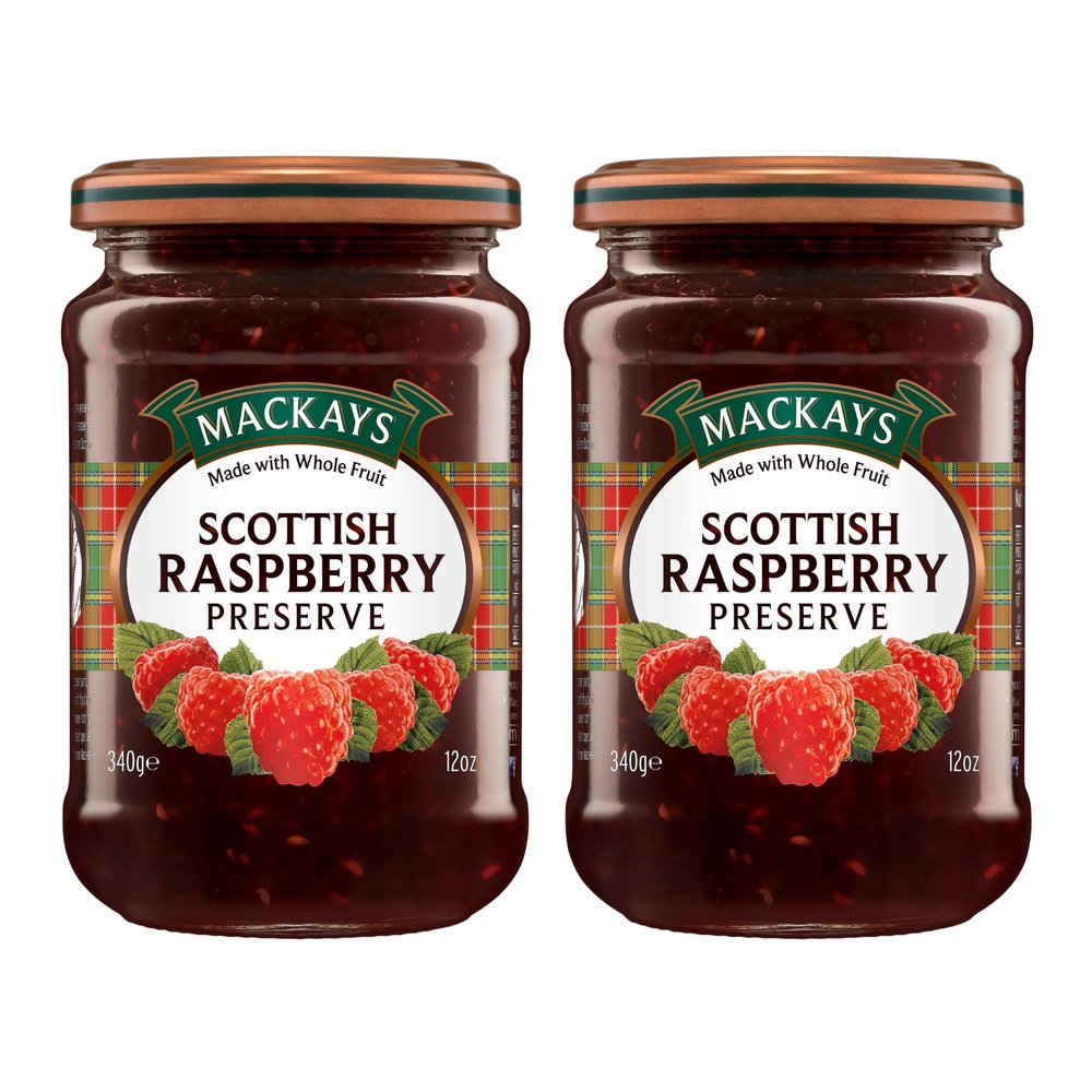 Mackays Scottish Raspberry Preserve Jam 340gm (Pack of 2)| Imported from Scotland | Made with Whole Fruits | Vegan | Gluten-Free | No Artificial Colors or Preservatives