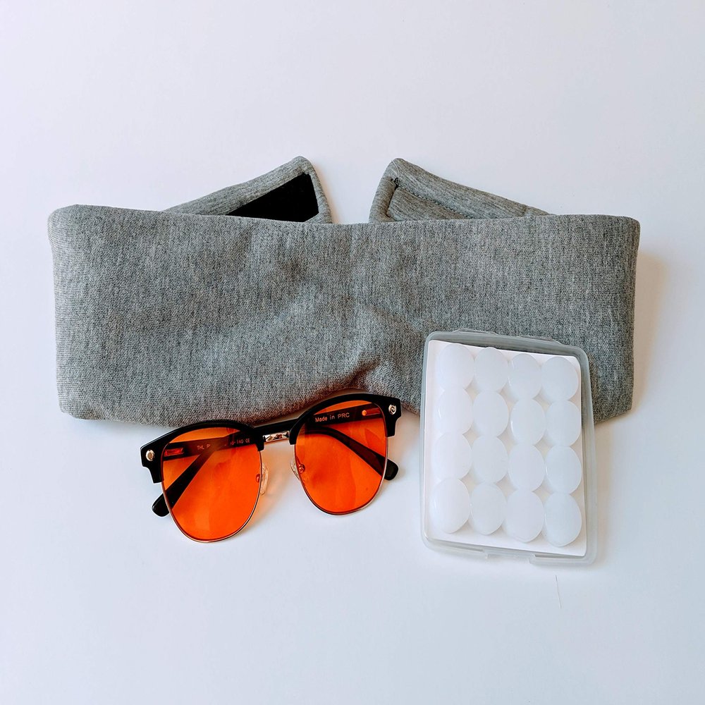 Advanced Sleep Kit by Okay Rest - Bundle Handmade Eye Sleep Mask, Silicon Ear Plugs, and Blue Light Blocking Glasses for Deeper and Better Sleep