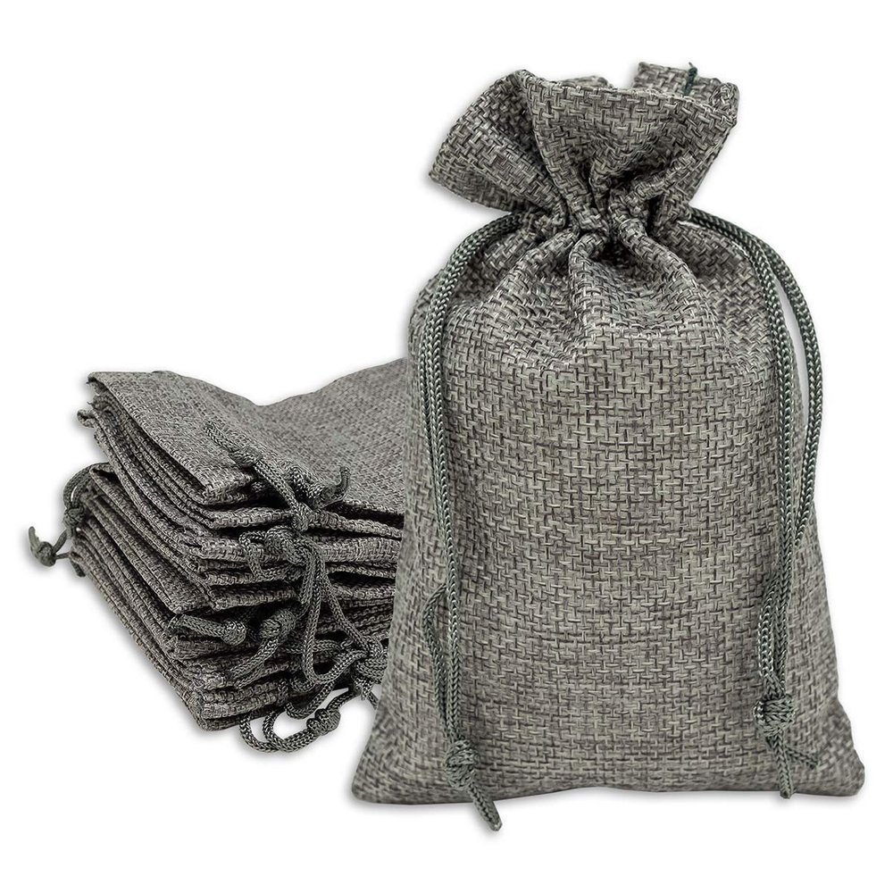 12-Pack 5.5x7.75 Natural Burlap Gift Bags w. Drawstring (Cool Grey, Medium) for Party Favors, Presents or DIY Craft by TheDisplayGuys