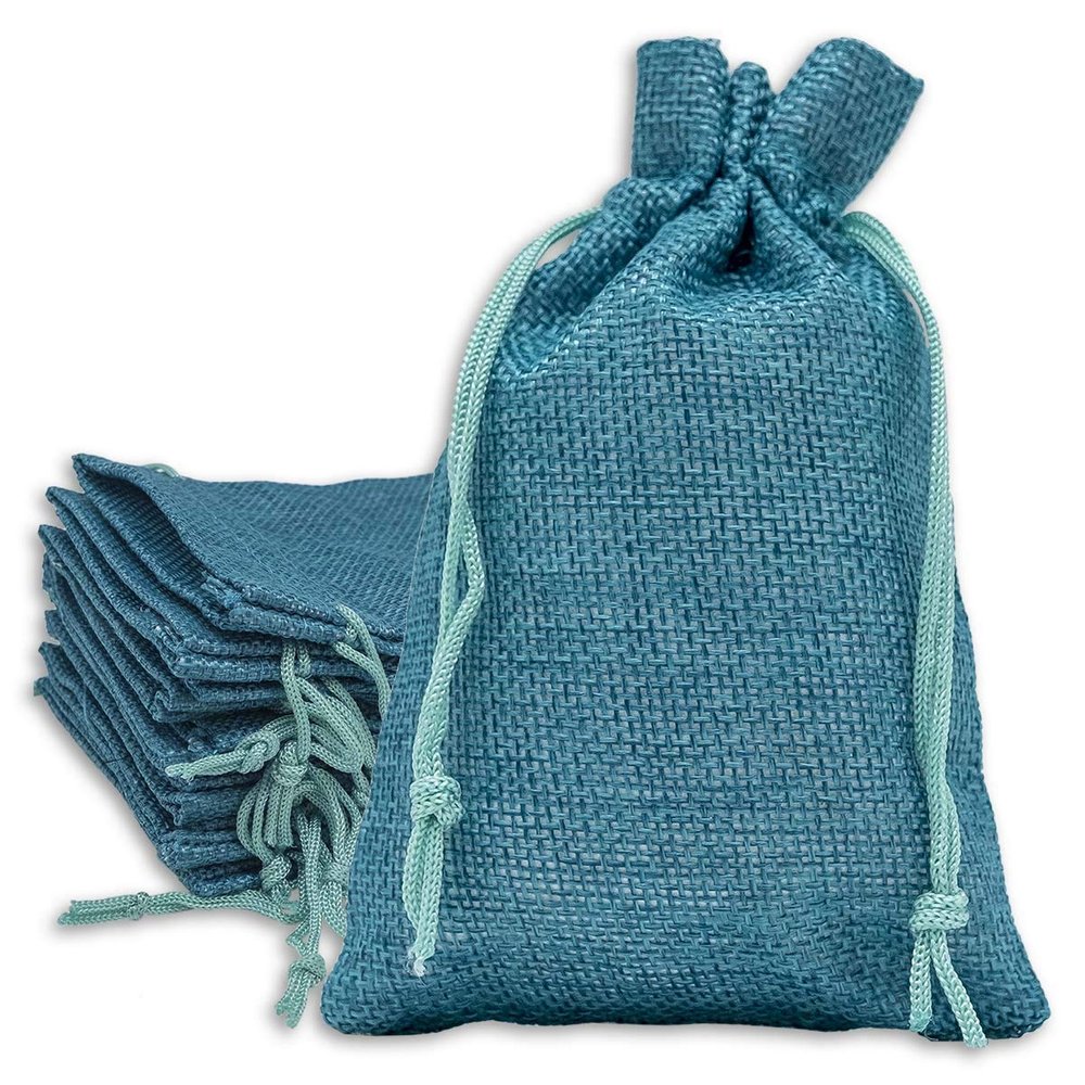 12-Pack 3x4 Natural Burlap Gift Bags w. Drawstring (Teal Blue, X-Small) for Party Favors, Presents or DIY Craft by TheDisplayGuys