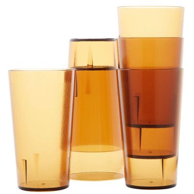 Restaurant Grade, BPA-Free 12oz Amber Plastic Cups 6pk. Super Durable, Break Resistant Drinking Glasses for Cafe, Party, Catering. Reusable, Stackable Tumblers with Textured Grip Design