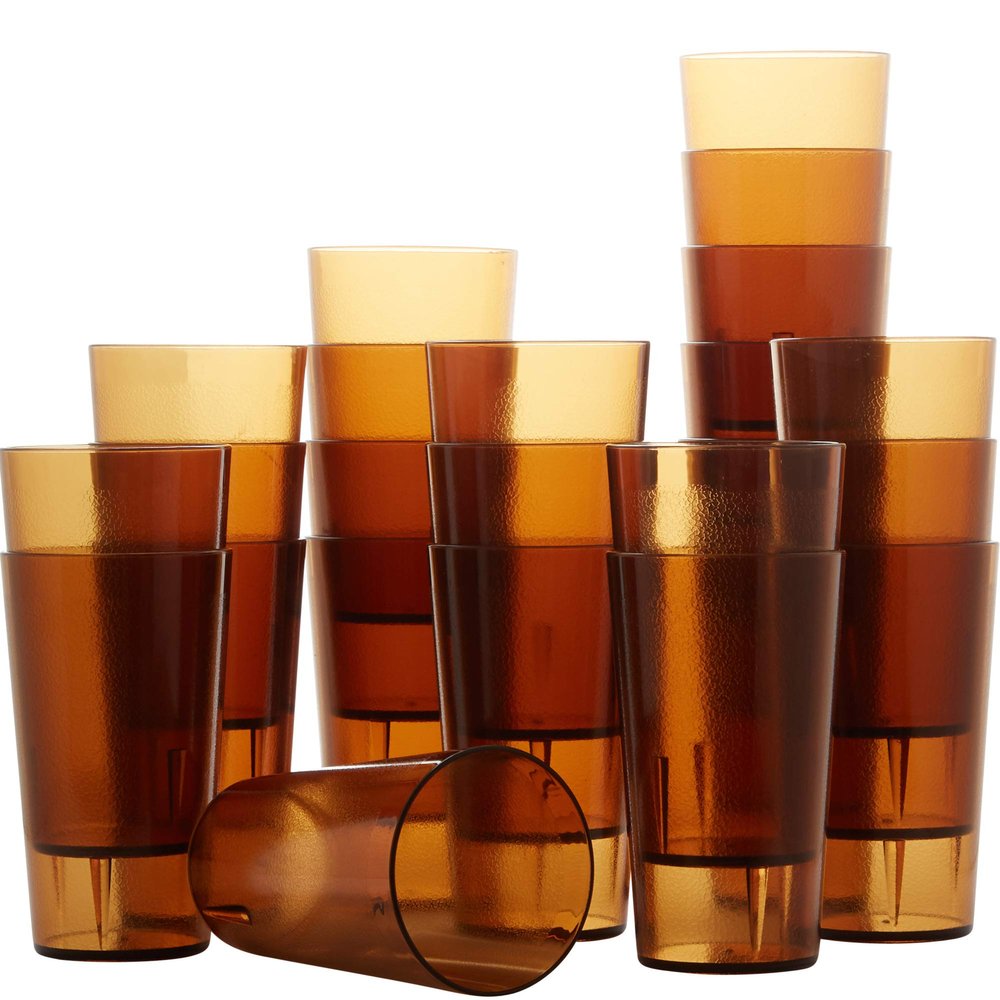 Restaurant Grade, BPA-Free 12oz Amber Plastic Cups 24pk. Super Durable, Break Resistant Drinking Glasses for Cafe, Party, Catering. Reusable, Stackable Tumblers with Textured Grip Design
