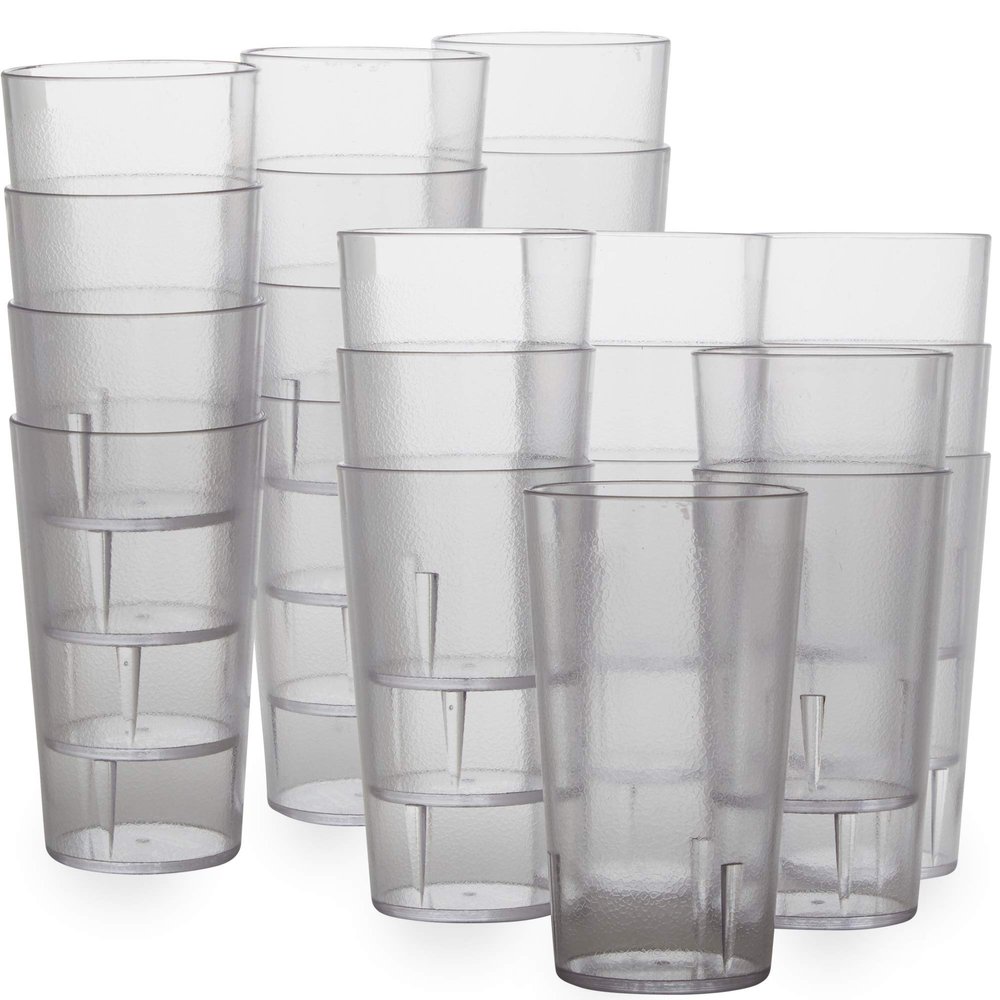 Restaurant Grade, BPA-Free 12oz Clear Plastic Cups 24pk. Super Durable, Break Resistant Drinking Glasses for Cafe, Party, Catering. Reusable, Stackable Tumblers with Textured Grip Design