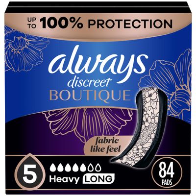 Always Discreet Boutique Adult Incontinence & Postpartum Pads For Women, Size 5, Heavy Long Abondant longues, 28 Count x 3 Packs (84 Count total) (Packaging May Vary)