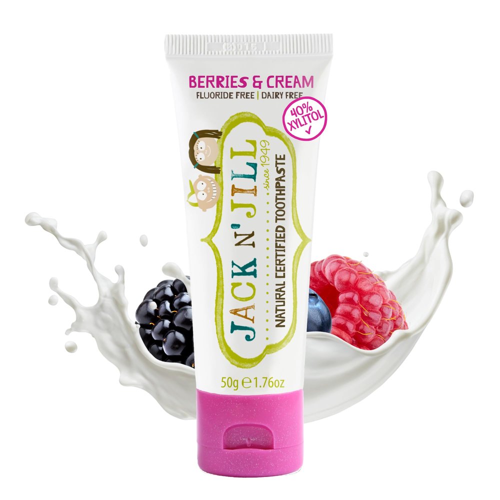 Jack N' Jill Natural Toothpaste for Baby and Infants - Fluoride Free Training Toothpaste, 40% Xylitol, BPA Free - Berries N' Cream, 1.76 oz (Pack of 1)