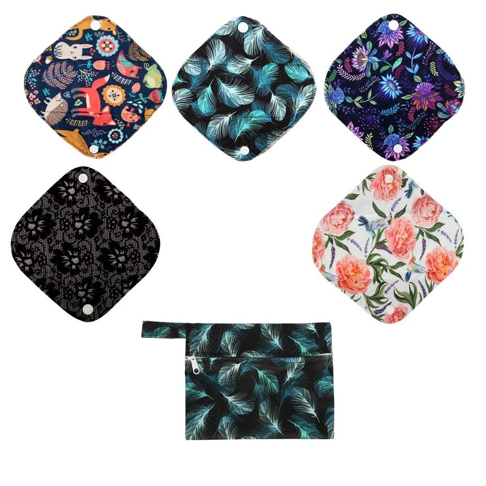 5 Cloth Menstrual Pads 1 Wet Bag XS Panty Liners Reusable Washable (Blue Feather Down, XS Panty Liners)