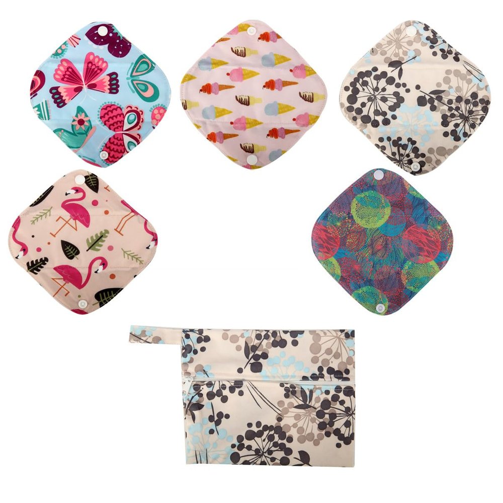 5 Cloth Menstrual Pads 1 Wet Bag XS Panty Liners Reusable Washable (Silver Foliage, XS Panty Liners)