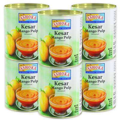Ashoka Premium Mango Puree, Sweetened Kesar Mango Pulp, Great for Smoothies, Juices, Baking, and Eating as Whole, Rich Mango Concentrate from India, Kosher Certified, 30 Ounce (Pack of 6)