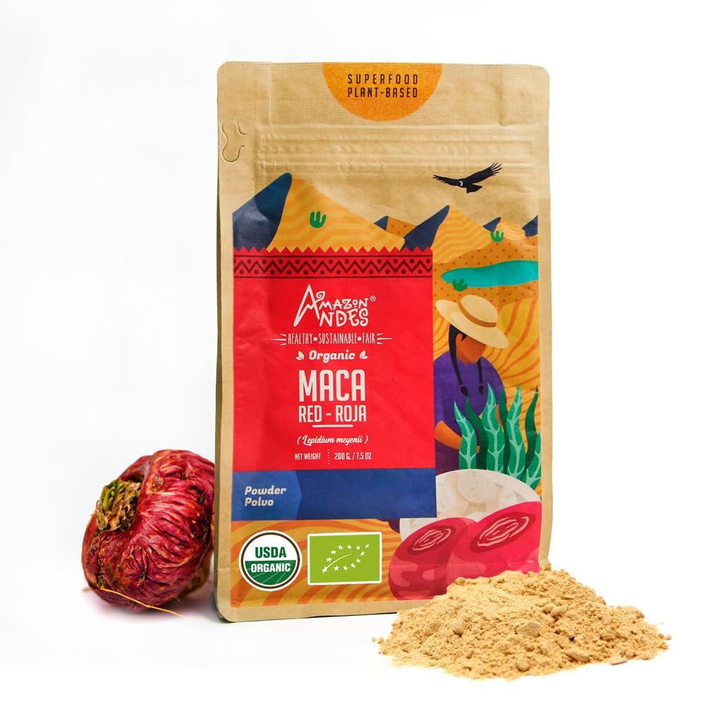 Amazon Andes Organic Red Maca Root Powder 8oz 227g - Maca Roja from Junin Peru - Gelatinized Starch-Free - USDA Organic Lepidium Meyenii - Raw Peruvian Superfood Andes Non-GMO Vegan