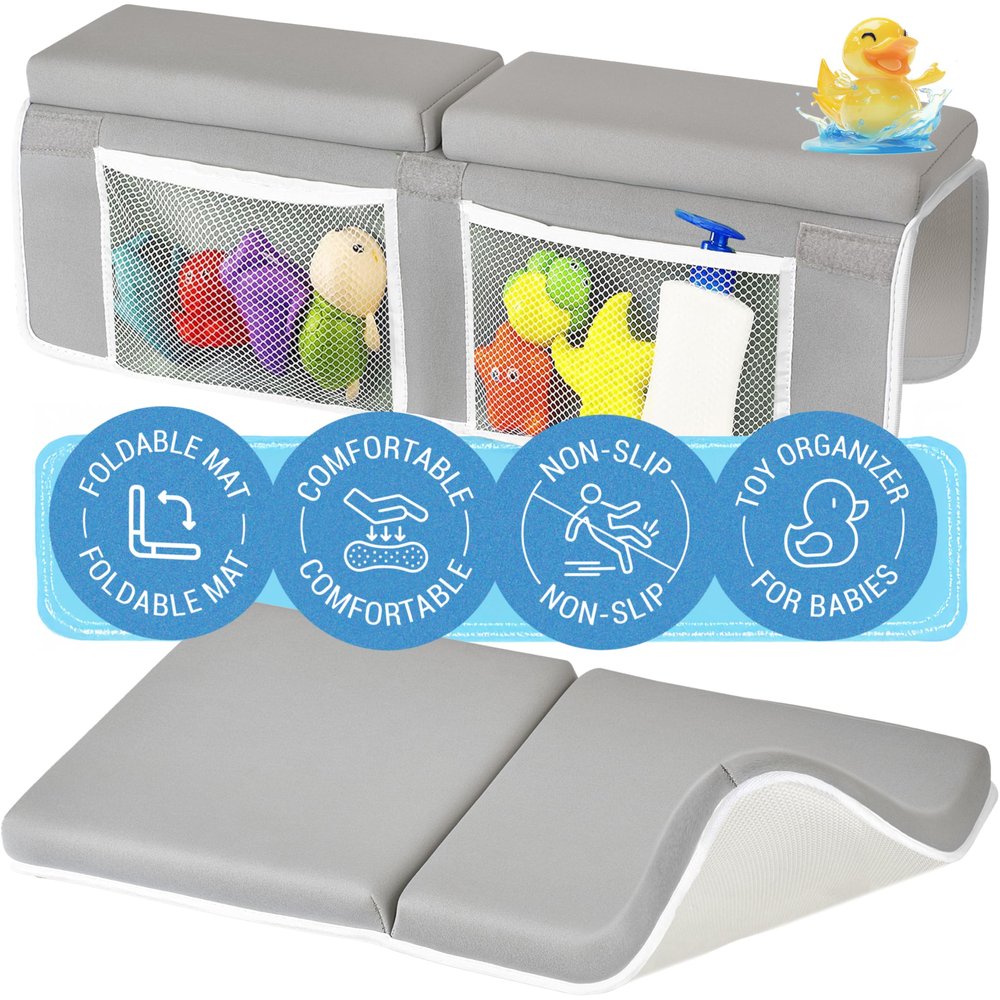 colsen Baby Bath Kneeler and Elbow Kneeling Rest Pad Set  Comfortable, 1.5 Thick, Painless, Non-Slip, Foldable Mat for Bathing Parents, with Toy Organizer for Babies and Toddlers - Grey
