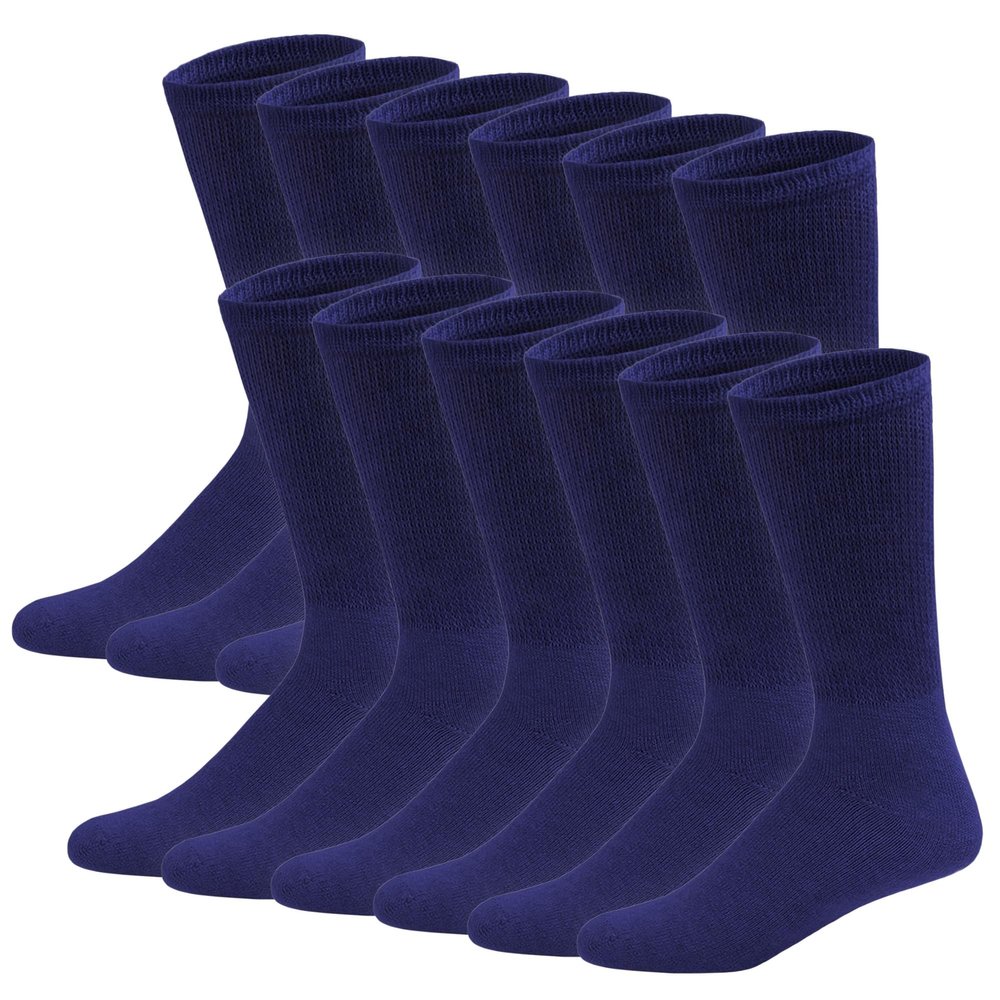 12 Pairs of Cotton Diabetic Neuropathy Crew Socks (10-13, Fits Mens shoe size 9-12, Navy)