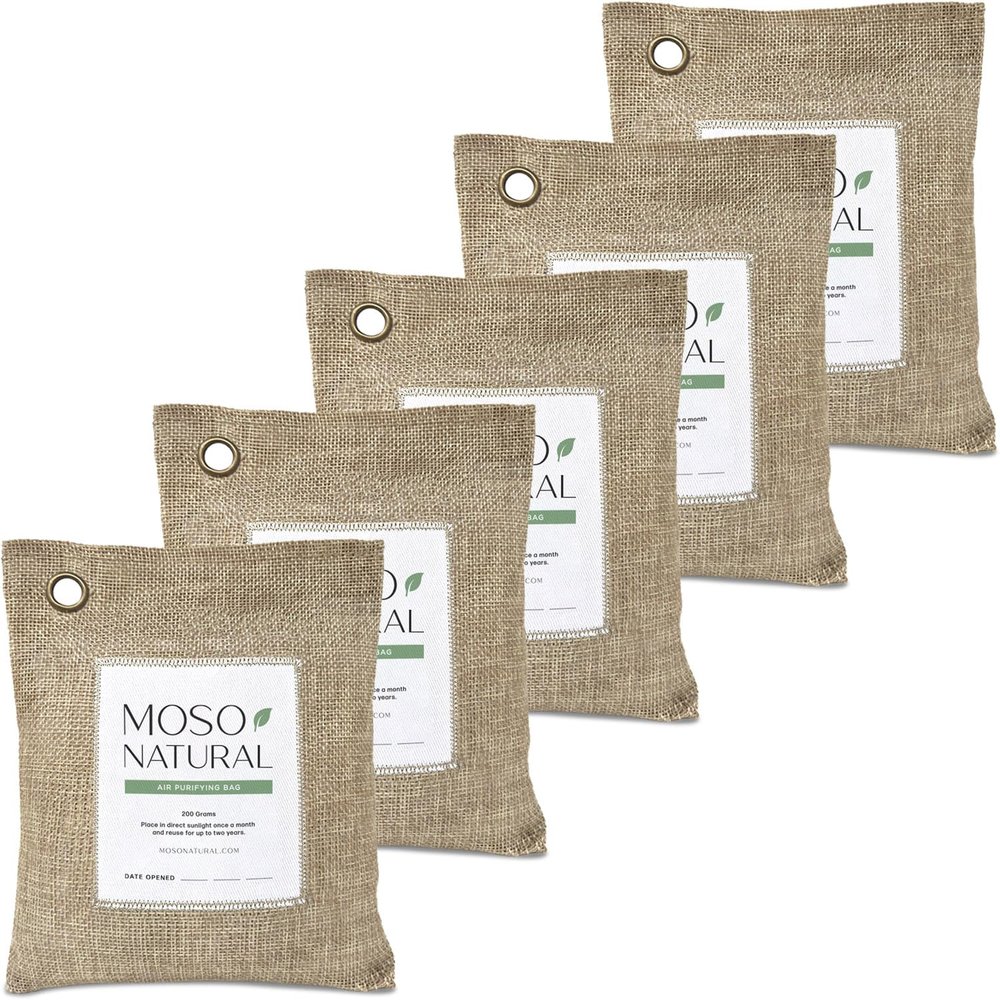 Moso Natural Air Purifying Bag 200g (5 Pack) A Scent Free Odor Eliminator for Cars, Closets, Bathrooms, Pet Areas. Premium Moso Bamboo Charcoal Odor Absorber (Natural Beige)