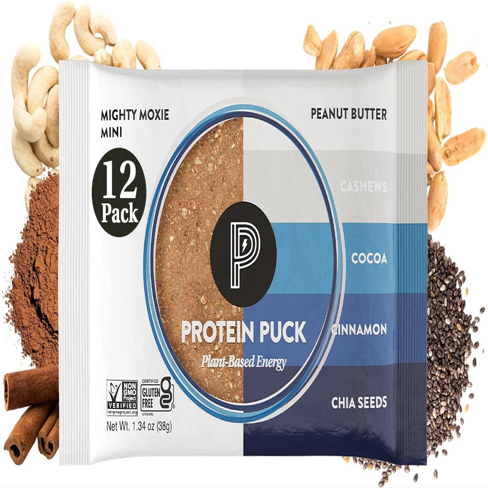 Protein Puck Vegan Plant based Protein Bar Natural Healthy Snack Bars, 12 Count, 1.34oz Mini, Gluten Free, Dairy Free, No GMO, Kosher Mighty Moxie Cocoa, Cashew, Cinnamon, Sport Nutrition