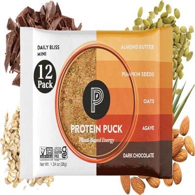 Protein Puck Vegan Plant based Protein Bar Natural Healthy Snack Bars, 12 Count, 1.34oz Mini, Gluten Free, Dairy Free, No GMO, Kosher Daily Bliss - Dark Chocolate, Almond Butter, Sport Nutrition