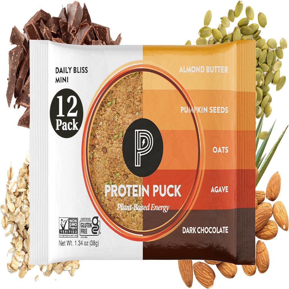 Protein Puck Vegan Plant based Protein Bar Natural Healthy Snack Bars, 12 Count, 1.34oz Mini, Gluten Free, Dairy Free, No GMO, Kosher Daily Bliss - Dark Chocolate, Almond Butter, Sport Nutrition