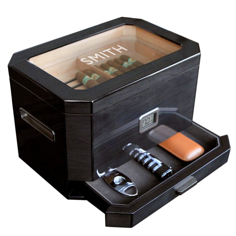CASE ELEGANCE Monogrammed Octodor Large Black Piano Finish Glass Top Cedar Humidor with Digital Hygrometer, Humidification System, and Accessory Drawer - Holds (50-100 Cigars)