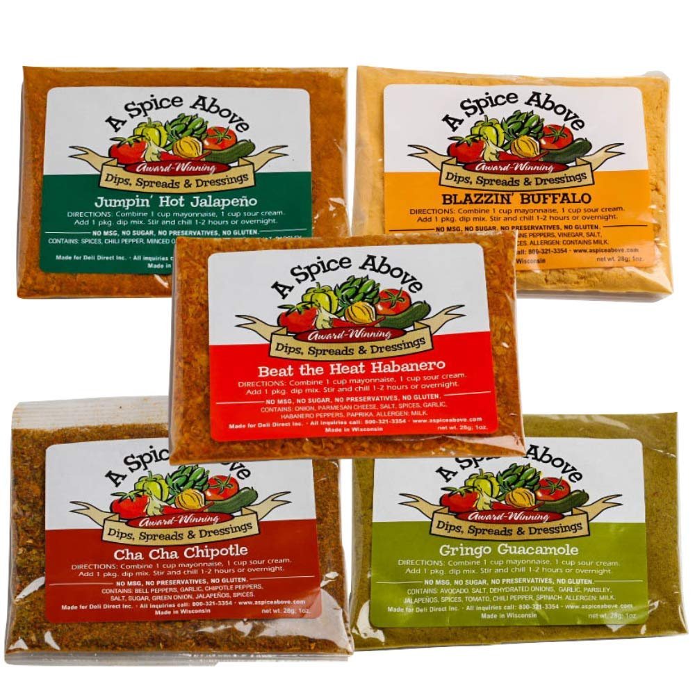 A Spice Above 5 Pack Spicy Dips Mixed Seasonings Packets Includes Habanero, Jalapeo, Chipotle, Buffalo, and Guacamole