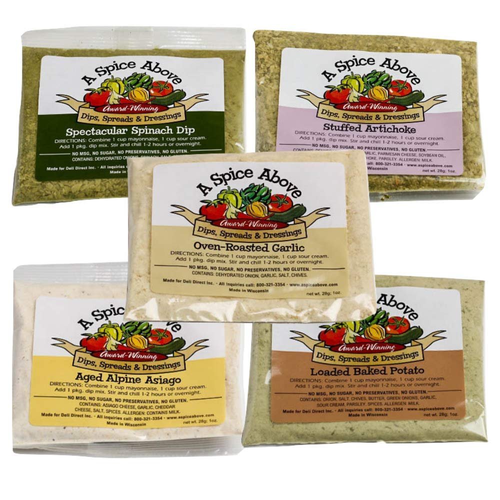 A Spice Above 5 Pack Variety Dips, Mixed Seasonings Packets Includes Aged Alpine Asiago, Stuffed Artichoke, Loaded Baked Potato, Oven Roasted Garlic, Spectacular Spinach, Gluten-Free, No MSG, All Natural, No Preservatives, Vegetable Dip, Keto Friendl