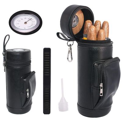 AMANCY Premium Handy Black Built- in Hygrometer Leather Travel Cigar Humidor with Accessory PocketTravel Cigar Case Pouch,Conveniently Carry Lighter and Cutter