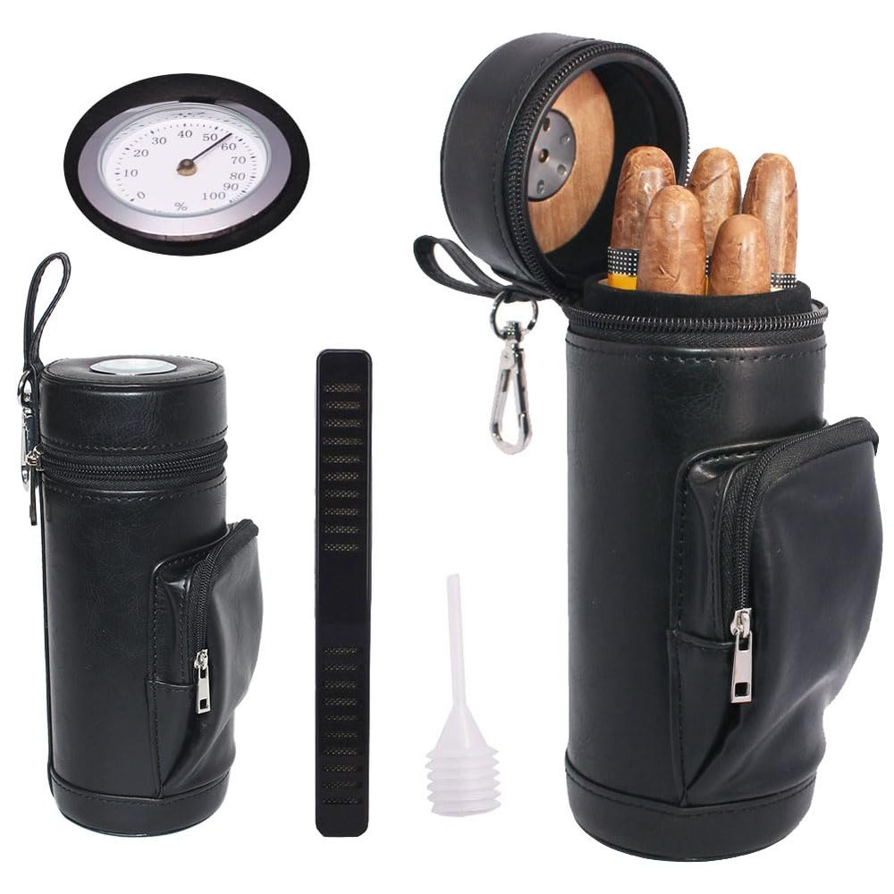 AMANCY Premium Handy Black Built- in Hygrometer Leather Travel Cigar Humidor with Accessory PocketTravel Cigar Case Pouch,Conveniently Carry Lighter and Cutter