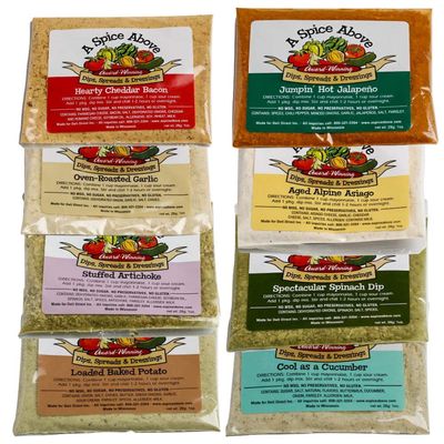 A Spice Above 8 Pack Variety of Dips, Gluten Free, Mixed Seasonings Packets for Easy, Quck-to-Make Appetizer Dips