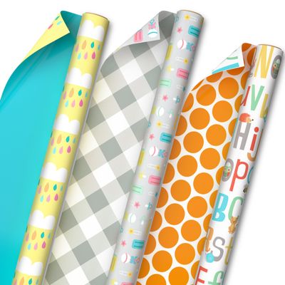 Hallmark Baby Shower Wrapping Paper Rolls - Pastel Gift Wrap Paper - Gender Neutral Clouds, ABCs, Bottles, Polka Dots, Blue, Gray Gingham (Set of 3 Rolls: 75 sq. ft. ttl.)